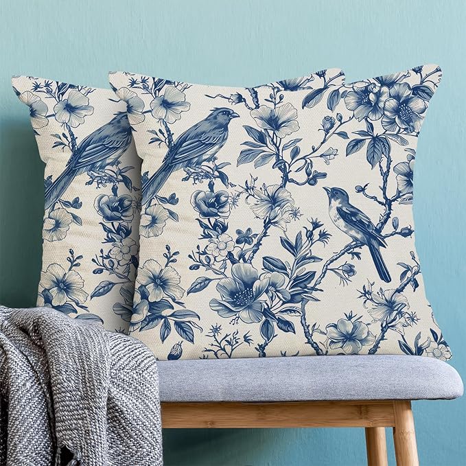 Navy Blue Spring Floral Pillow Covers 18 x 18 Inch Set of 2 for Chinoiserie Vintage Flowers Bird Decor Throw Pillows Plant Farmhouse Outdoor Decorative Cushion Cases for Couch Bed Decorations