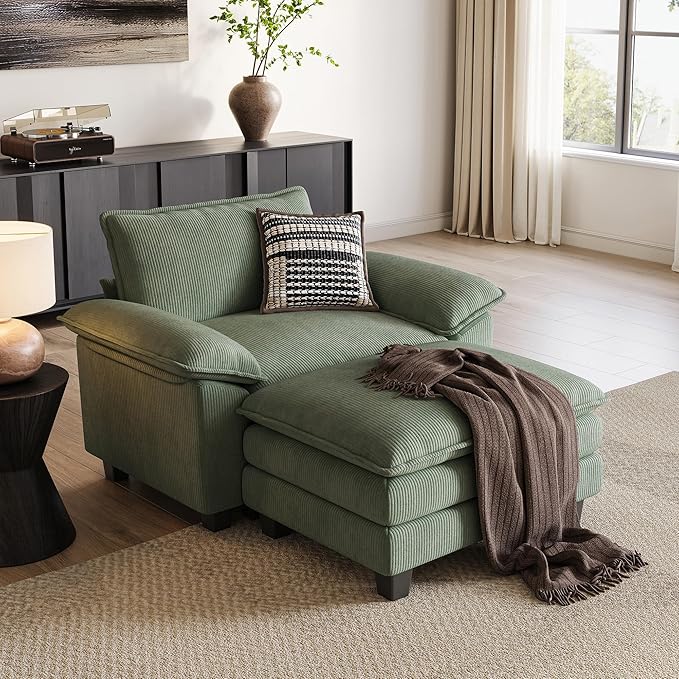 LINSY HOME Sofa Chair with Movable Ottoman - Corduroy Cloud Couch Chair Soft Comfy Modern Sofa Chaise Single Sleeper Chair Bed for Living Room Apartment Office, Green