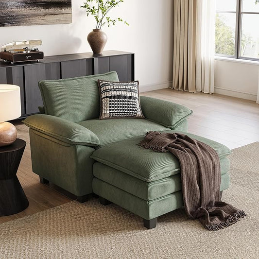 LINSY HOME Sofa Chair with Movable Ottoman - Corduroy Cloud Couch Chair Soft Comfy Modern Sofa Chaise Single Sleeper Chair Bed for Living Room Apartment Office, Green