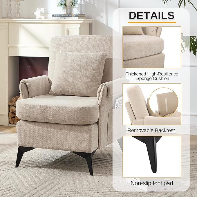 KCC Mid-Century Accent Chairs,Chenille Modern Upholstered Single Sofa,Cozy Armchair with Back for Bedroom/Office/Cafe,Begie