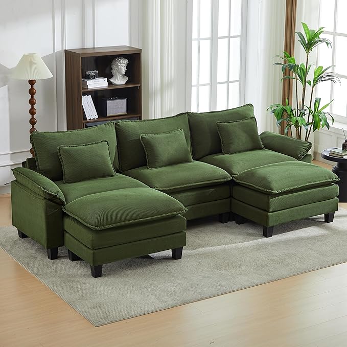 URRED Modular Sectional Sofa Comfy Cloud Couch, Modern Corduroy Sofa Sleeper Deep Seat Couches with Ottoman/Pillows for Living Room (Green, 117'' - U Shape)