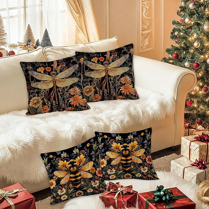 Vintage Dark Dragonfly Bee Pillow Covers 18x18 Double-Sided Set of 4,Moody Dark Cottagecore Wildflowers Floral Throw Pillow Covers for Couch Bed,Dragonfly Bee Gifts for Women,Cottagecore Decor