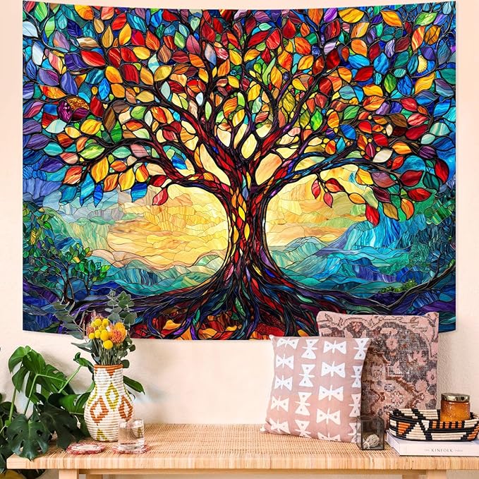 Lunerfex Tree of Life Tapestry Stained Glass Tapestry Wall Decor Tapestries for Bedroom Art Tapestries Wall Hanging for Bedroom Living Room Glass-Tree-01 70"x90"