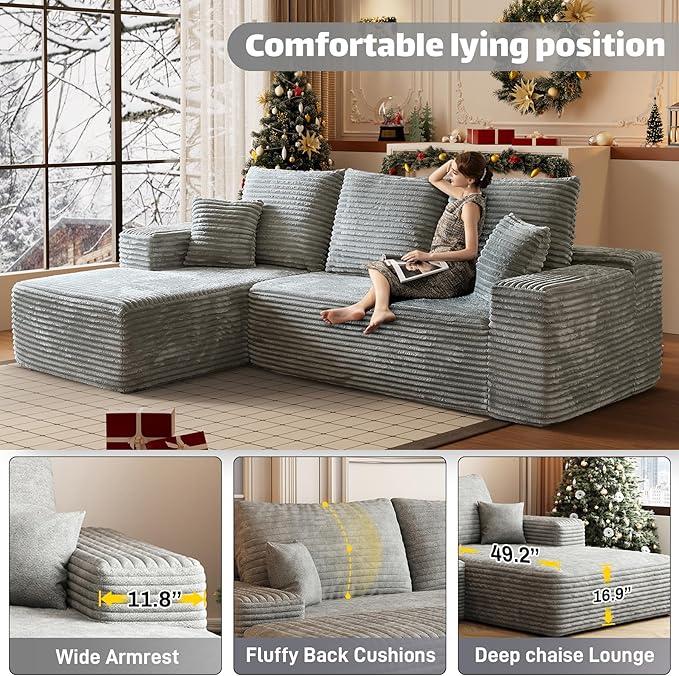 HYJT-H&K Modular Sectional Sofa Cloud Couch, 107" Comfy L Shaped Sectional Couches for Living Room, Deep Seat Memory Foam Plush Fluffy Corduroy Boneless Couch Sectionals Left Facing Sofa Chaise Grey