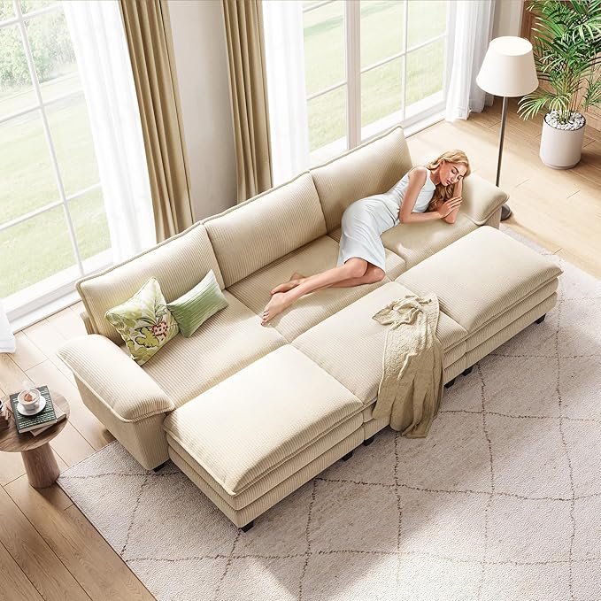 LINSY HOME Modular Sectional Sofa - 123'' Oversized Sleeper Sofa Cloud Couch Corduroy Sofa Bed with Movable Ottoman Soft Modern Comfy Couch for Living Room Apartment Office, Beige