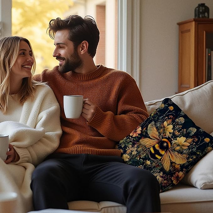 Vintage Moody Floral Bumblebee Pillow Covers 18x18, Moody Dark Cottagecore Botanical Wildflower Bee Decorative Throw Pillow Covers for Home Bedroom Living Room, Bee Decorations for Home