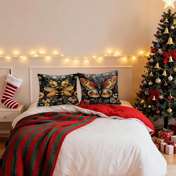 Vintage Dark Dragonfly Bee Butterfly Pillow Covers 18x18 Double-Sided Set of 3,Insect Gifts for Women,Vintage Dark Cottagecore Floral Botanical Insects Decorative Throw Pillow Covers for Home