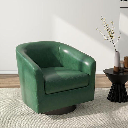 Swivel Barrel Accent Chair, Modern Round Faux Leather Arm Chair for Living Room, Bedroom, Comfy Club Reading Chairs for Adults(Faux Leather, Green, Set of 1)