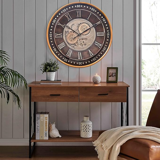 CLXEAST 24 Inch Wall Clock with Moving Gears,Oversized Large Industrial Steampunk Clock, Antique Gold Metal Roman Numeral Wall Clocks for Farmhouse Living Room Decor