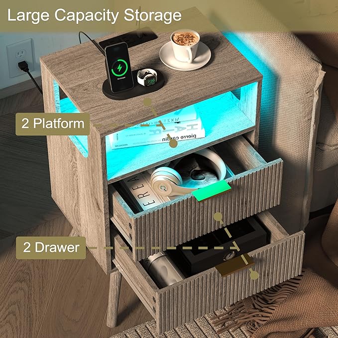 Nightstand with Charging Station and LED Lights,Modern Bedside Table with 2 Storage Drawer and Open Wood Shelf, for Bedroom and Small Spaces,Night Stand with Solid Wood Legs,GreyOak