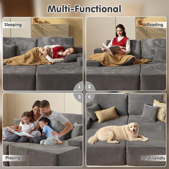 ovios 81" Oversized Sectional Double Lounge Chaise with Cloud Plush Sofa Bed, No Assembly Required, Fluffy Modern Sleeper Loveseat Chair for Indoor Living Room Bedroom Reading, Grey (Corduroy Fabric)