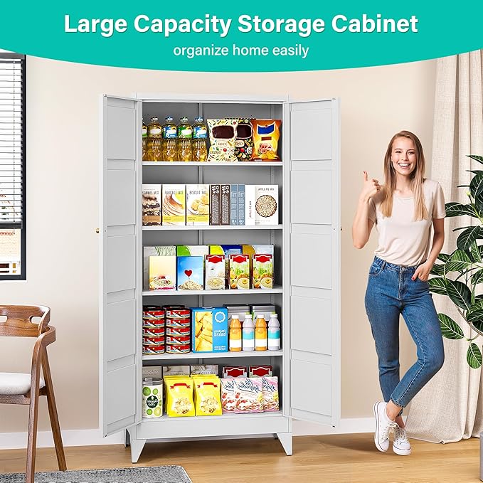 Wide & Deep Metal Storage Cabinet with 2 Doors and 5 Shelves,72 inch Tall Pantry Storage Cabinet,Large Cupboard Closet,White Cabinets for Home,Kitchen,Bathroom,Dining/Living Room
