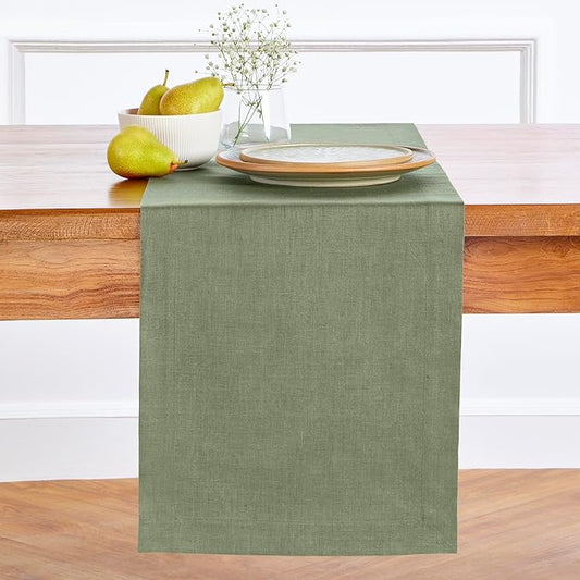 Solino Home Linen Oil Green Table Runner 132 Inches Long - 100% Pure Linen Extra Long Table Runner 14 x 132 Inch for Fall, Autumn, Thanksgiving - Fete