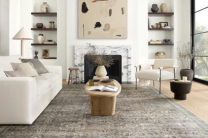 Loloi Layla Collection LAY-13 Antique/Moss 9'-6" x 14' .13" Thick Area Rug, Soft, Durable, Vintage Inspired, Distressed, Low Pile, Non-Shedding, Easy Clean, Printed, Living Room Rug