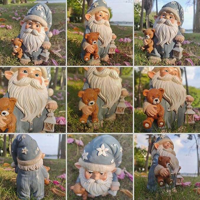 Sleepy Garden Gnome with Teddy Bear & Lantern - 9" Weatherproof Resin Statue - Indoor Outdoor Decor - Whimsical for Home, Patio & Lawn