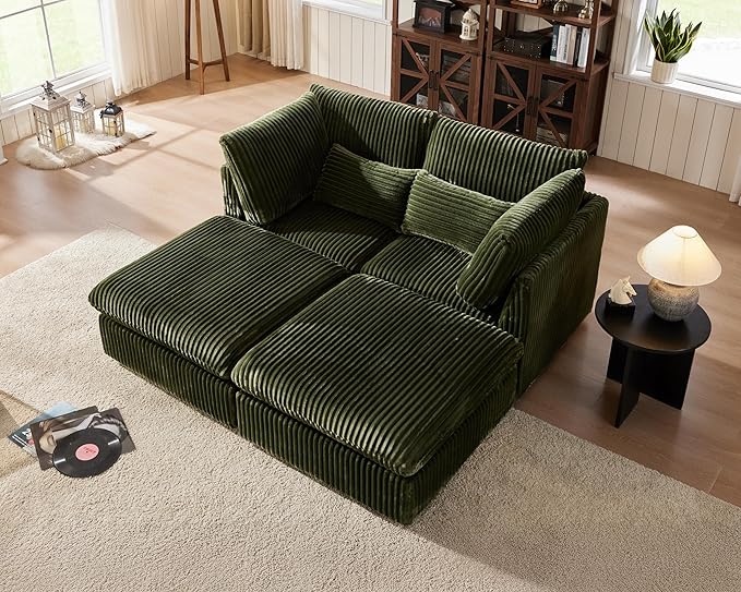 Oversized Modular Sofa, Extra Deep Cloud Corduroy Sectional Couch with Ottoman Chaise, Fluffy Corduroy 4 Seater Couch Bed for Living Room, Villa (Sofa Bed 4 Seater, Corduroy Green)