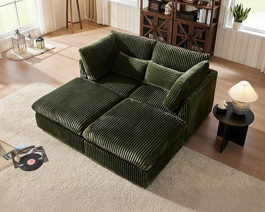 Oversized Modular Sofa, Extra Deep Cloud Corduroy Sectional Couch with Ottoman Chaise, Fluffy Corduroy 4 Seater Couch Bed for Living Room, Villa (Sofa Bed 4 Seater, Corduroy Green)