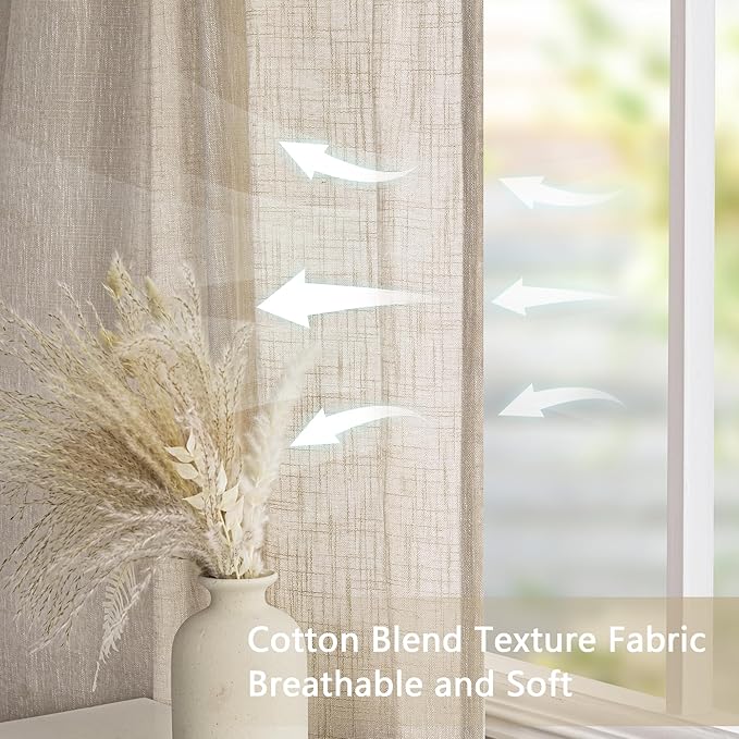 MYSKY HOME Oatmeal Curtains for Living Room, Semi Sheer Curtains & Drapes Light Filtering Farmhouse Country Boho Style Back Tab Draperies for Sliding Glass Door (Customsize, Light Oatmeal)