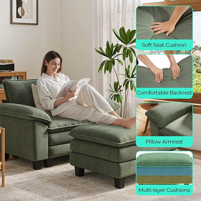 LINSY HOME Sofa Chair with Movable Ottoman - Corduroy Cloud Couch Chair Soft Comfy Modern Sofa Chaise Single Sleeper Chair Bed for Living Room Apartment Office, Green