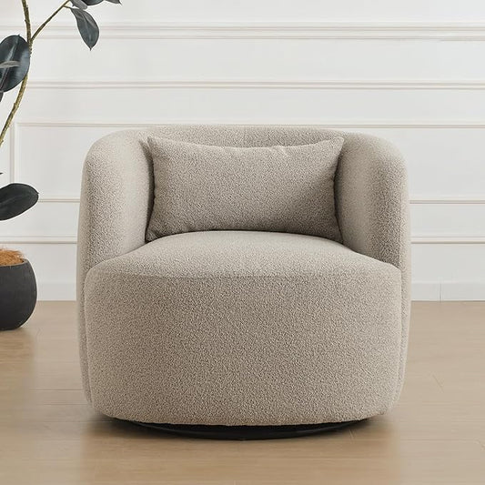 KINWELL 34" Wide Sherpa Swivel Barrel Chair, No Assembly Round Boucle Upholstered Accent Chair Armchair Single Sofa Chair with Toss Pillow for Living Room and Bedroom, Taupe