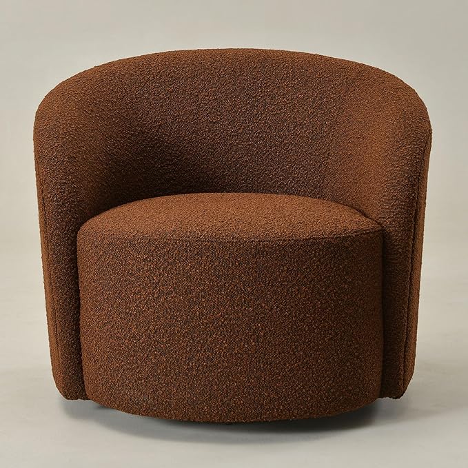 KINWELL Sherpa Swivel Barrel Chair & Round Ball Pillow Set - 34" Wide Modern Boucle Accent Chair with 9” Matching Nordic Decorative Throw Pillow for Living Room and Bedroom(Brown)