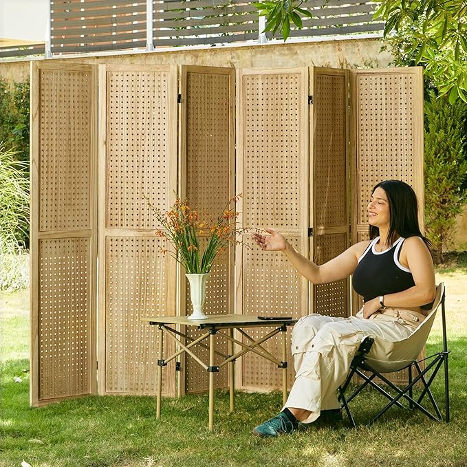 ‌Room Divider Freestanding Folding Pegboard Privacy Screen | 6-Panel Display Stand for Jewelry, Craft Shows, Retail | Natural Wood, Portable & Space-Saving Design