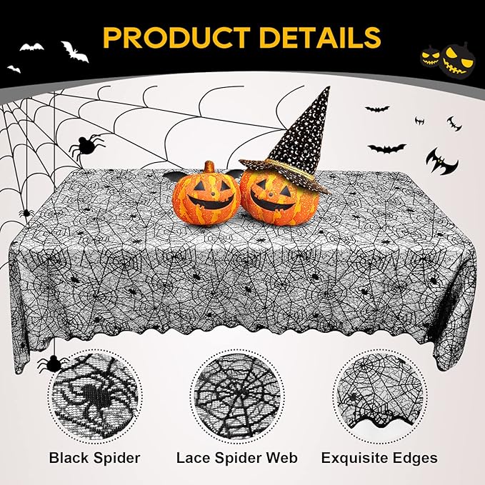 eZAKKA Halloween Table Cloth, Spider Webs Tablecloths Black Tablecloth Lace Fabric Table Cloths Spooky Cover for Rectangle Tables for Parties Gothic Halloween Home Decorations, 60x84 Inch