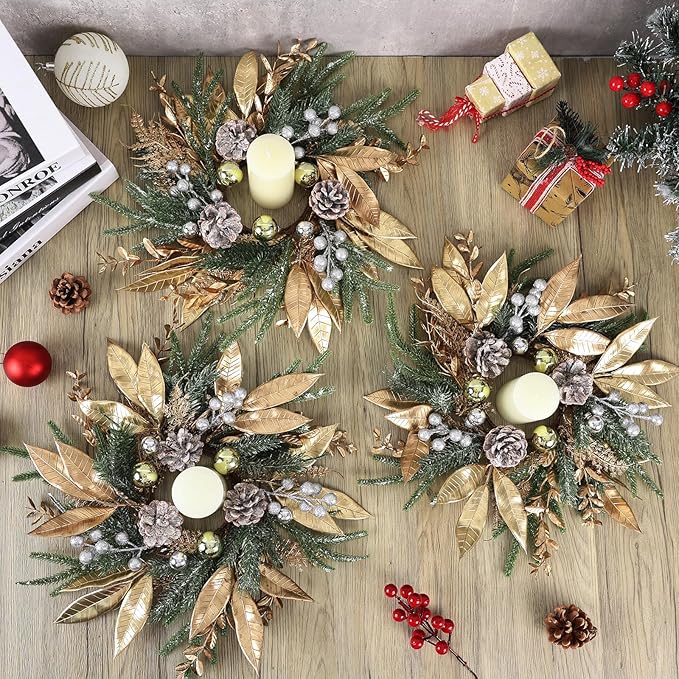6 Pcs 9 Inch Christmas Wreaths for Kitchen Cabinet Artificial Pine Hanging Cedar Wreath with Christmas Balls Golden Twigs and Silver Berries for Front Door Xmas Winter Farmhouse Home Decorations