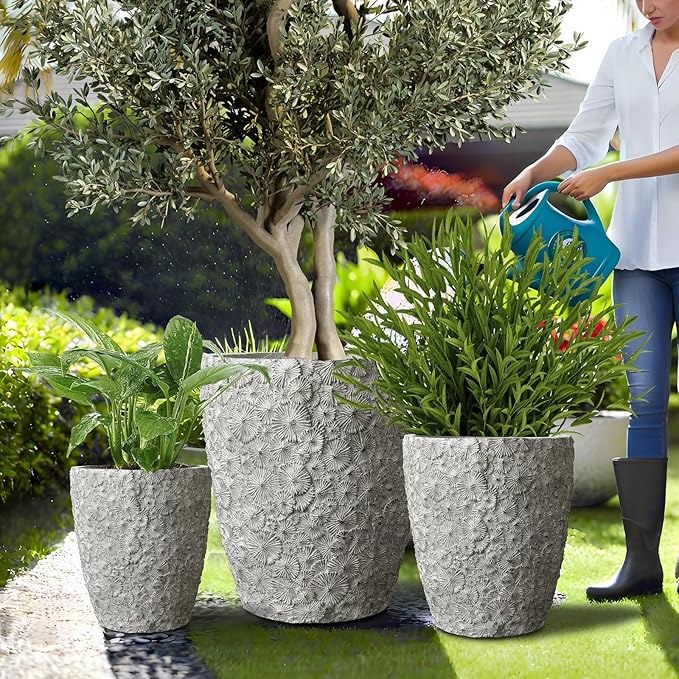 Craft flowerpots 16"+12"+10" Dia Round Concrete Planter Set of 3 Large Outdoor/Indoor Planter Pots Containers with Drainage Holes and Rubber Plug for Home Garden (Grey, Large)