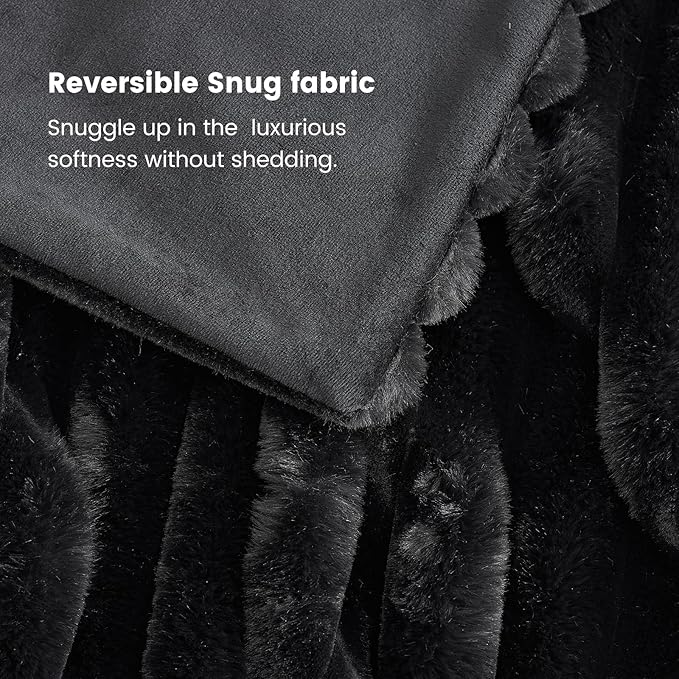 Cozy Bliss Faux Fur Throw Blanket for Couch, Cozy Warm Plush Striped Blanket for Sofa Bedroom Living Room,50 * 60 Inches Black