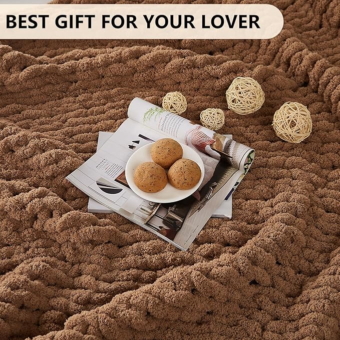L'AGRATY Chunky Knit Blanket Throw: 72''x84'' Chenille Chunky Knitted Throw Blanket for Bed Couch - Handmade Thick Big Cable Knit Blanket - Large Chunky Crochet Rope Blanket for Home Decor(Brown)