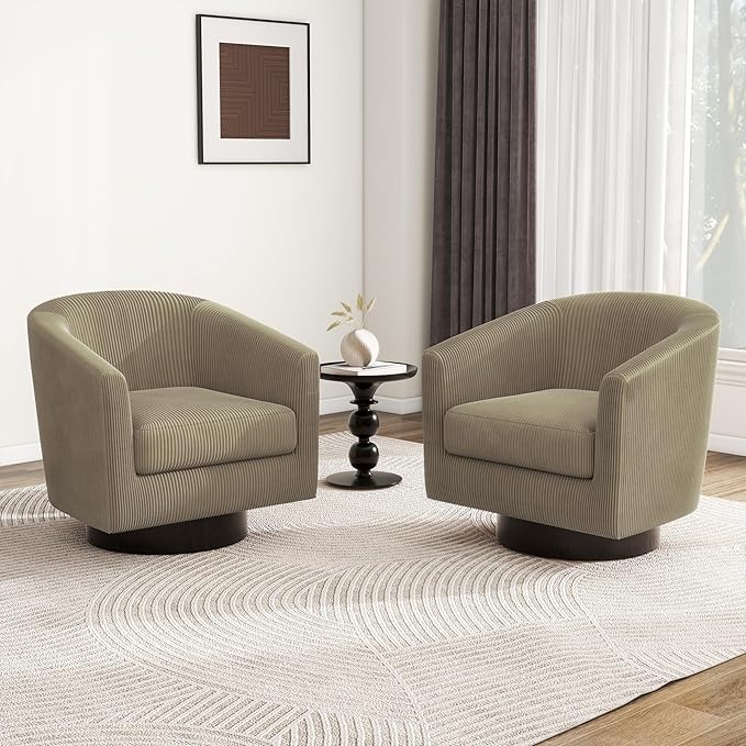 Swivel Barrel Accent Chair, Modern Round Corduroy Fabric Arm Chair for Living Room, Bedroom, Comfy Club Reading Chairs for Adults (Corduroy Camel, Set of 2)