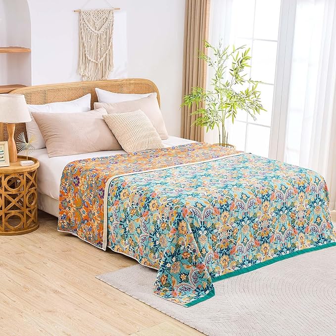 Boho Blanket Throw Quilt, 100% Cotton Soft Light Weight Throw Blankets for Summer, 50"x60" Farmhouse Flower Decorative Blankets, All Season Rustic Reversible Bohemian Throw Quilt