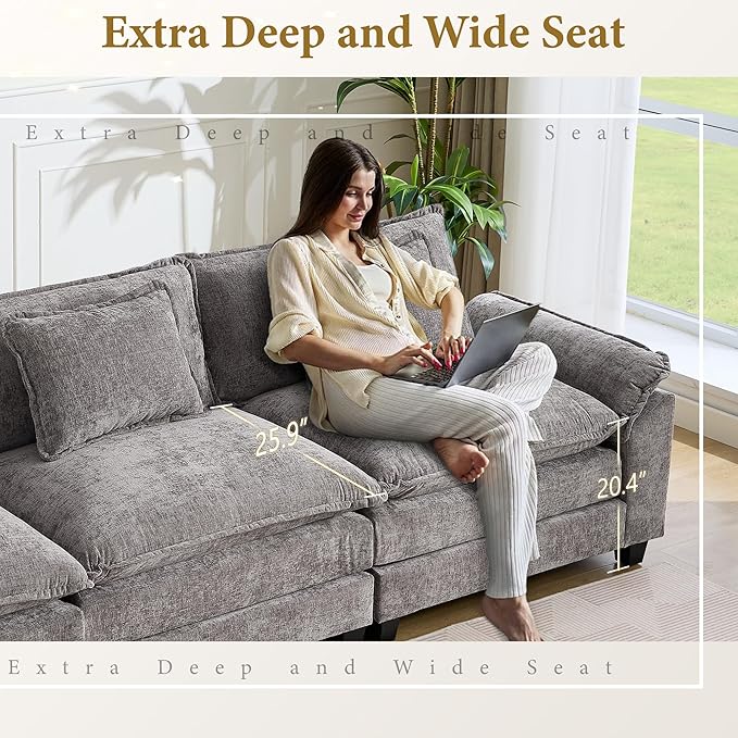 URRED Modular Sectional Sofa Comfy Cloud Couch, Modern Chenille Sofa Sleeper Deep Seat Couches with Ottoman/Pillows for Living Room (Gray, 82.6'')