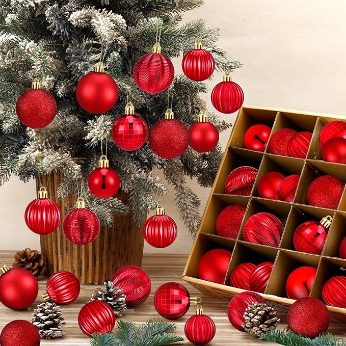 64 Pcs Red Christmas Ball Ornaments Matt Glitter Red Ornament for Christmas Tree 1.6/1.97/2.4 Inch Shatterproof Hanging Xmas Decoration for Tree Holiday Indoor