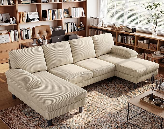 LINSY HOME Sectional Couch, 111'' W Corduroy U Shaped Sofa with Sleepable Armrests, 4 Seat Couch with Double Chaises, Deep Seat Sofa for Living Room, Beige