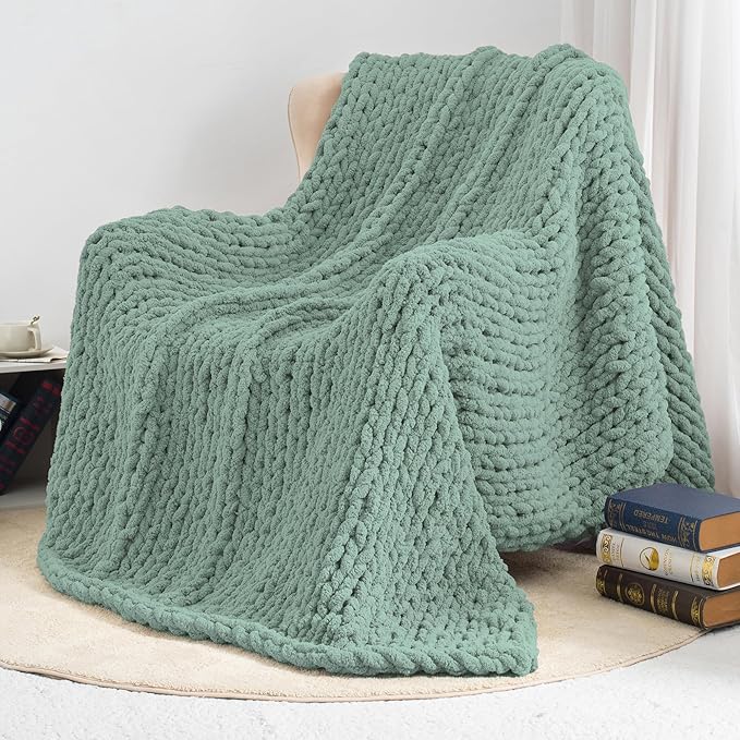 Chunky Knit Throw Blanket 50"X 60", 100% Handmade with Soft Chenille Yarn, 4.4lbs Thick Cable Knitted Blankets, Large Rope Knot Crochet Throws for Couch Sofa Bed Home Decor, Sage Green