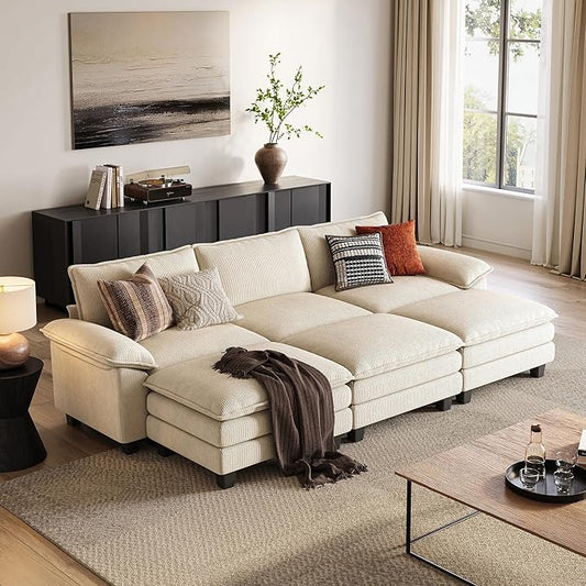 LINSY HOME Modular Sectional Sofa - 123'' Oversized Sleeper Sofa Cloud Couch Corduroy Sofa Bed with Movable Ottoman Soft Modern Comfy Couch for Living Room Apartment Office, Beige