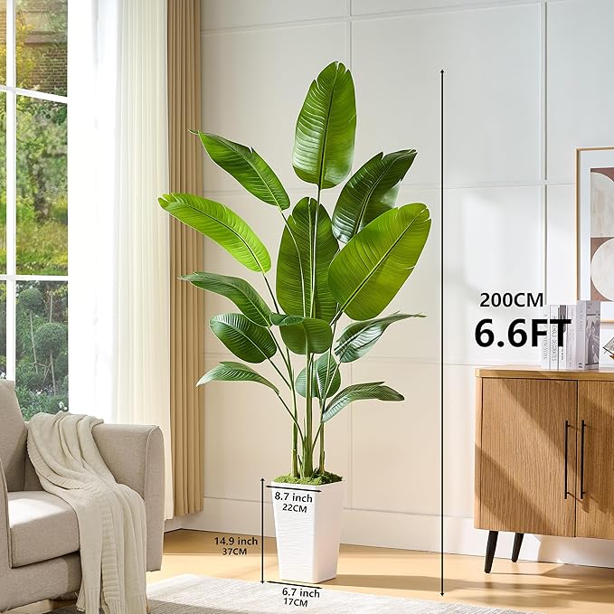 Lifelike Bird of Paradise Silk Artificial Plant Faux Banana Leaf Tree for Home Decor - Perfect Indoor Floor Plant with 11 Trunks (1, White Tall Planter, 6.6 FT)