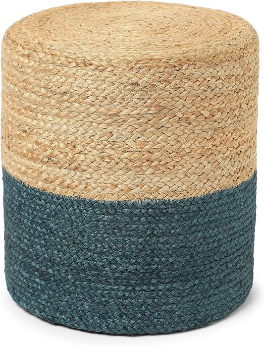 REDEARTH · Cylindrical Pouf Foot Stool Ottoman - Jute Braided Pouffe Poof Accent Sitting Footrest for Living Room, Bedroom, Nursery, Patio, Lounge (Natural Teal, 14.5"x14.5"x16")