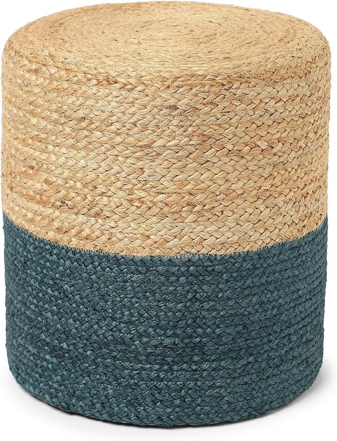 REDEARTH · Cylindrical Pouf Foot Stool Ottoman - Jute Braided Pouffe Poof Accent Sitting Footrest for Living Room, Bedroom, Nursery, Patio, Lounge Set of 2 (Natural Teal, 14.5"x14.5"x16")
