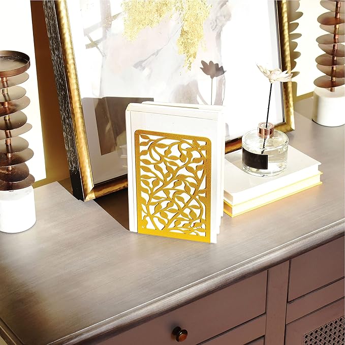 CNK Book Ends Bookends for Decorative Books Holder Bookend Shelves End Hold Heavy Duty Holders Stoppers Metal Stopper Cute Boho Bookshelf Holds Cookbook Office Home Set of 4 Bookends Pair Gold