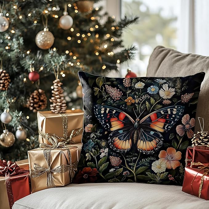 Gorgeous Butterfly Floral Pillow Covers 18x18, Dark Cottagecore Wildflower Botanical Moth Decorative Throw Pillow Covers for Bedroom Living Room Home, Butterfly Room Decor