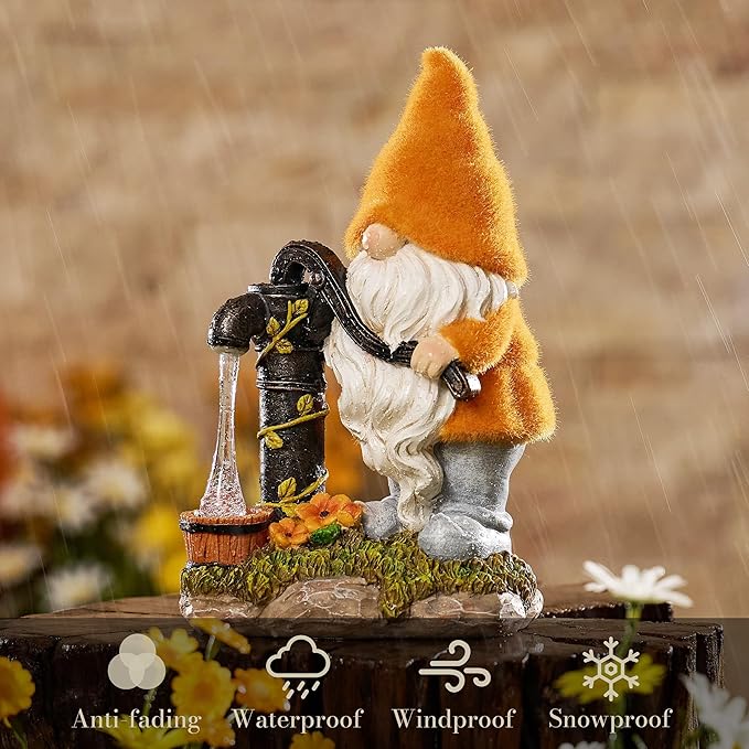 TERESA'S COLLECTIONS Fall Decor, Fall Gnomes Decor, Autumn Garden Gnomes Pumping Water with Solar Lights, Waterproof Resin Outdoor Fall Decor, Fall Gifts Outdoor/Indoor,9"
