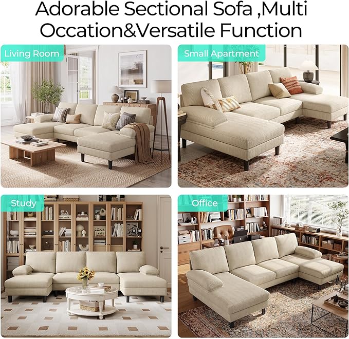 LINSY HOME Sectional Couch, 111'' W Corduroy U Shaped Sofa with Sleepable Armrests, 4 Seat Couch with Double Chaises, Deep Seat Sofa for Living Room, Beige