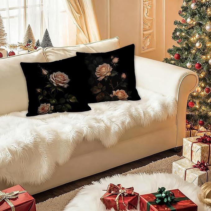 William Morris Inspired-Dark Rose Floral Pillow Covers 18x18 Set of 2, Dark Cottagecore Decor, Vintage Moody Rustic Rose Flower Botanical Decorative Pillow Covers for Home Living Room Bedroom