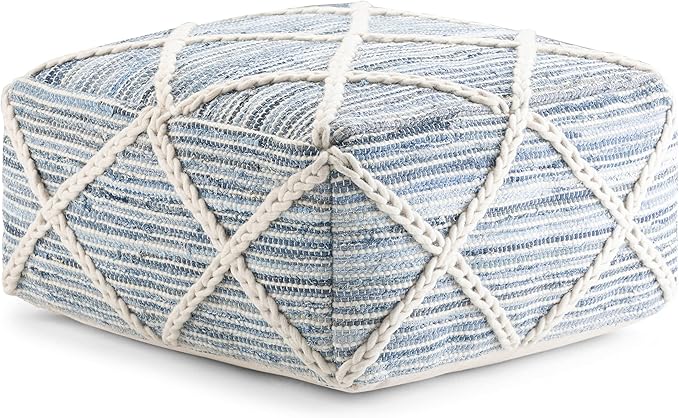 SIMPLIHOME Cowan Boho Square Pouf in Blue, Natural Handloom Woven for the Living Room, Bedroom and Kids Room