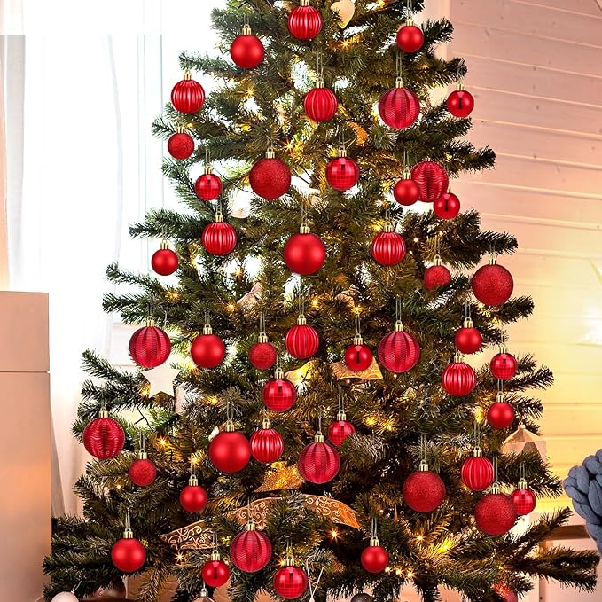 64 Pcs Red Christmas Ball Ornaments Matt Glitter Red Ornament for Christmas Tree 1.6/1.97/2.4 Inch Shatterproof Hanging Xmas Decoration for Tree Holiday Indoor