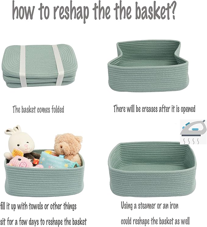 Small Woven Storage Baskets 12“X8”X5“ Decorative Rope Bins for Organizing Shelves, Closets, and Toys, Empty Gift Baskets, Cute Organizer Basket for Home and Office (green, regular)