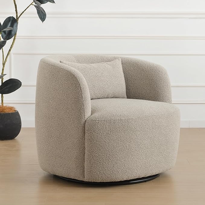 KINWELL 34" Wide Sherpa Swivel Barrel Chair, No Assembly Round Boucle Upholstered Accent Chair Armchair Single Sofa Chair with Toss Pillow for Living Room and Bedroom, Taupe